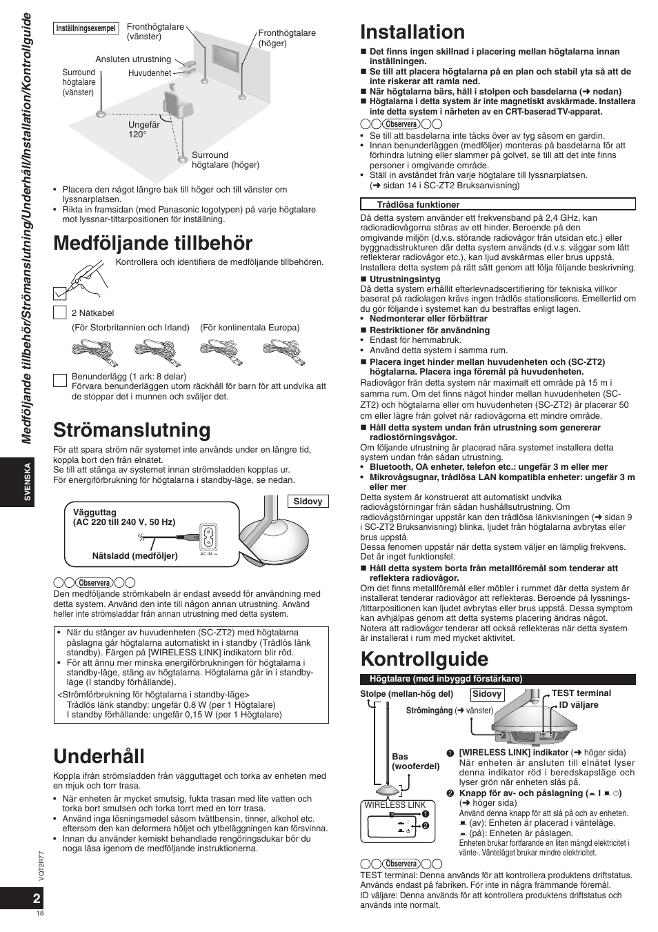 Strömanslutning installation, Medföljande tillbehör underhåll, Kontrollguide | Panasonic SCZT2 User Manual | Page 18 / 40
