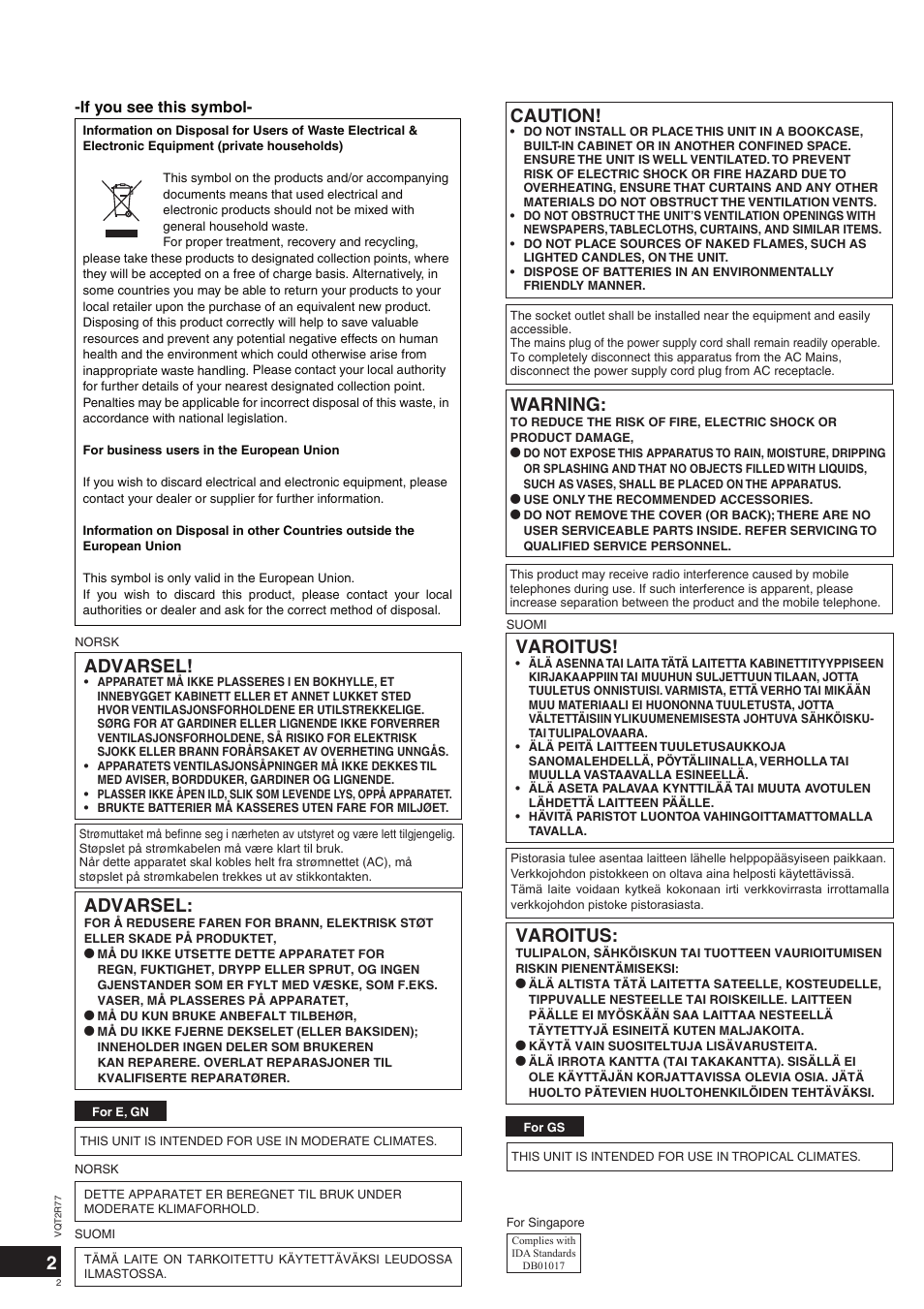 2caution, Warning, Advarsel | Varoitus, If you see this symbol | Panasonic SCZT2 User Manual | Page 2 / 40
