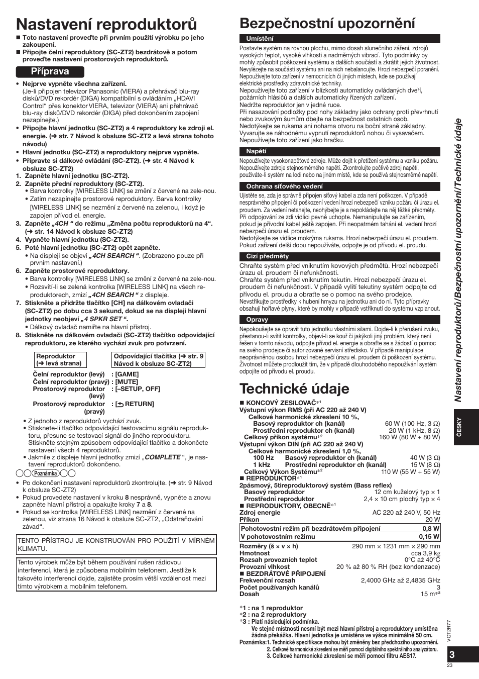 Nastavení reproduktorù, Technické údaje, Bezpeènostní upozornìní | Pøíprava | Panasonic SCZT2 User Manual | Page 23 / 40