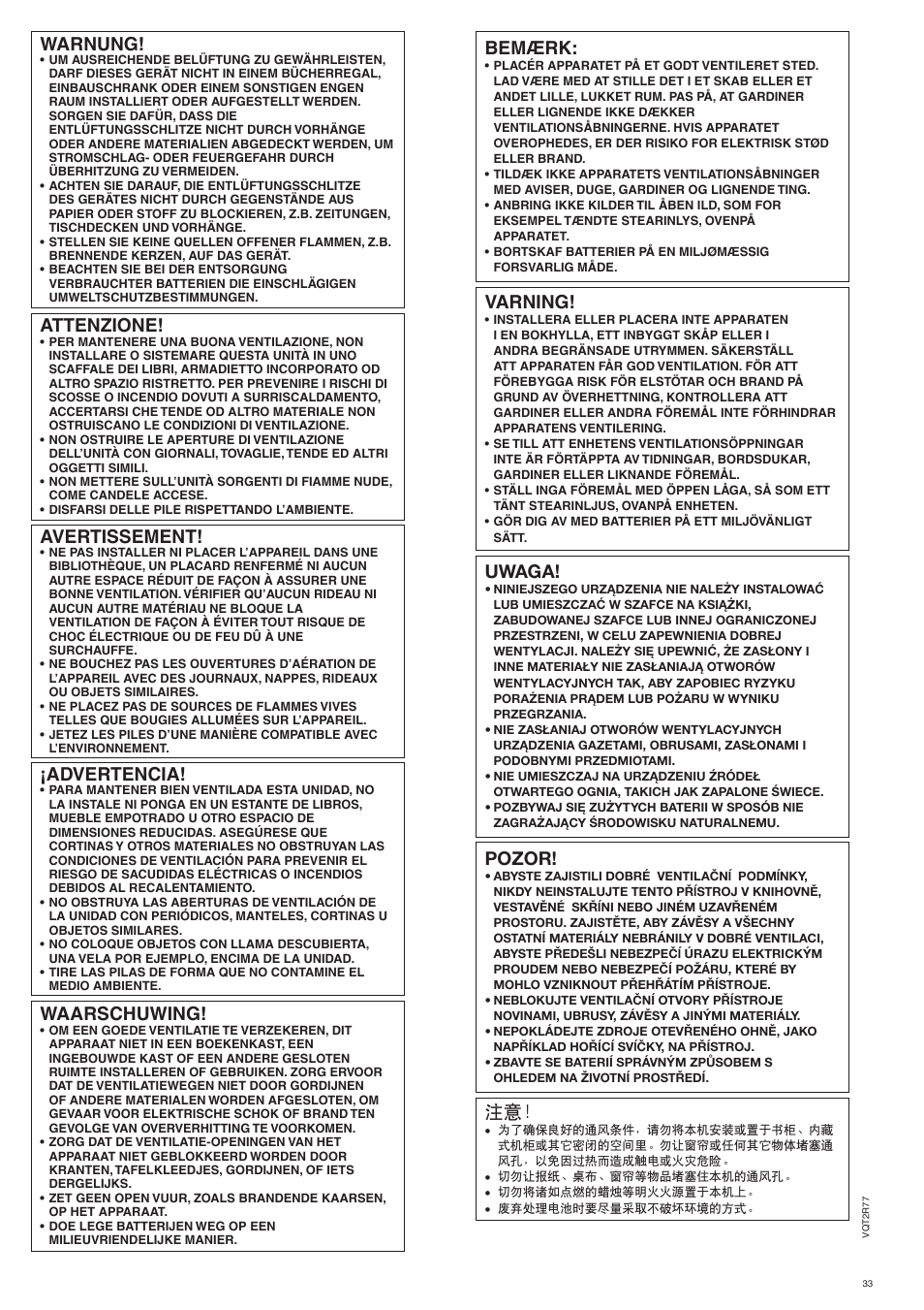 Warnung, Attenzione, Avertissement | Advertencia, Waarschuwing, Bemærk, Varning, Uwaga, Pozor | Panasonic SCZT2 User Manual | Page 33 / 40