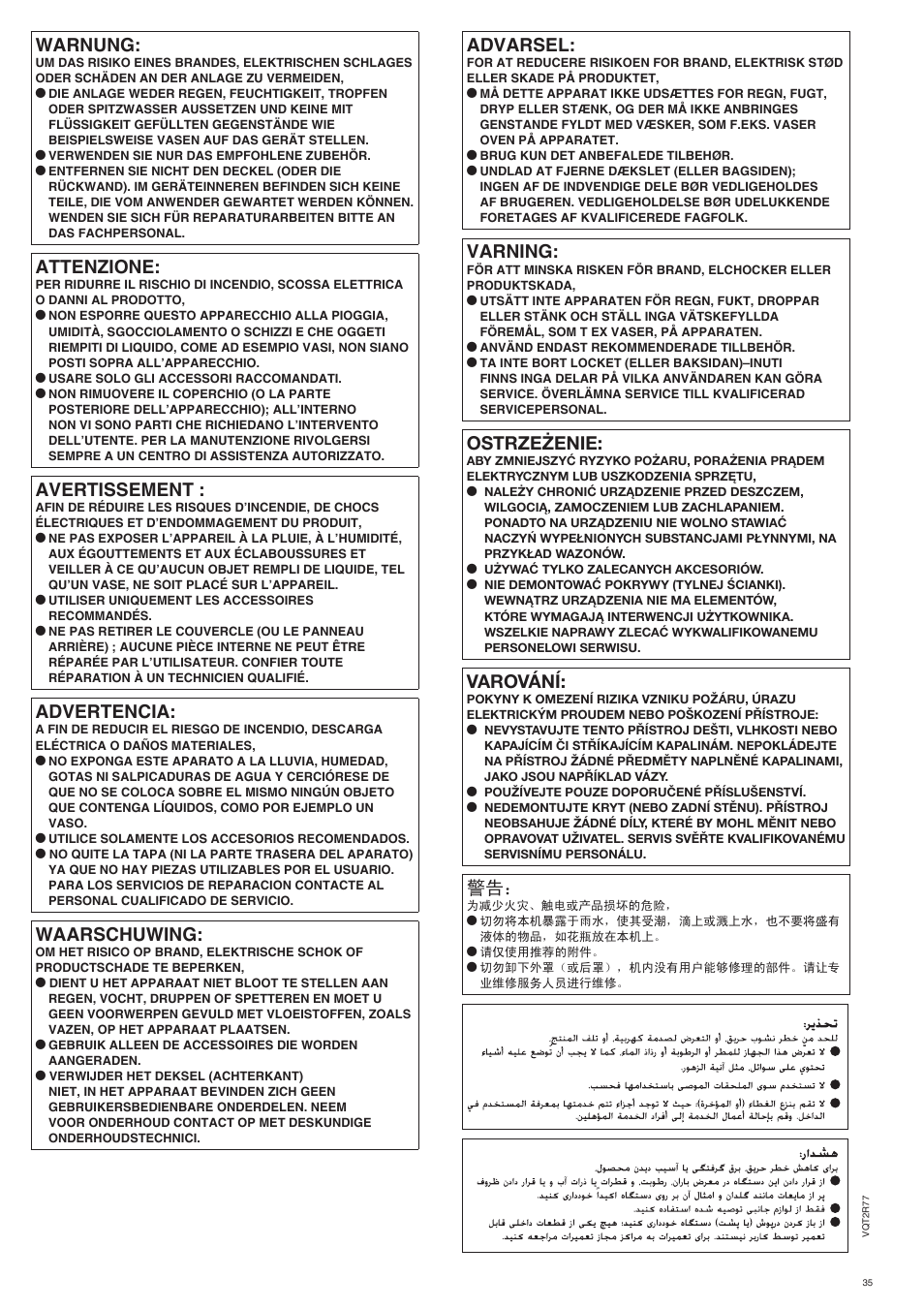 Warnung, Attenzione, Avertissement | Advertencia, Advarsel, Varning, Ostrze¯enie, Varování, Waarschuwing | Panasonic SCZT2 User Manual | Page 35 / 40