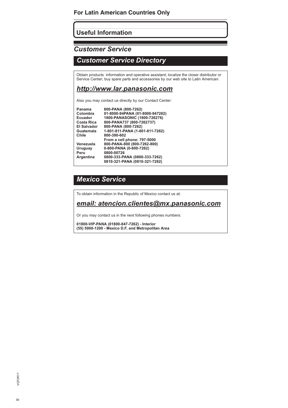 Customer service customer service directory, Mexico service, Useful information | For latin american countries only | Panasonic SCZT2 User Manual | Page 36 / 40