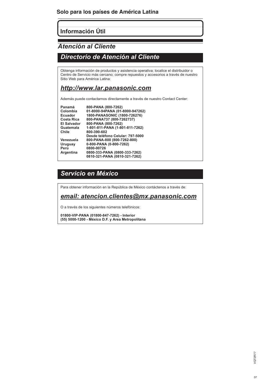 Servicio en méxico, Información útil, Solo para los países de américa latina | Panasonic SCZT2 User Manual | Page 37 / 40