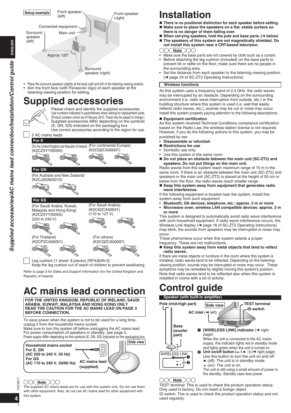 Control guide, Installation, Supplied accessories | Ac mains lead connection | Panasonic SCZT2 User Manual | Page 4 / 40