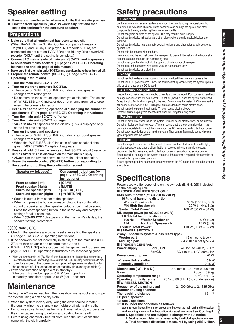 Speaker setting, Safety precautions, Specifi cations | Maintenance, Preparations | Panasonic SCZT2 User Manual | Page 5 / 40