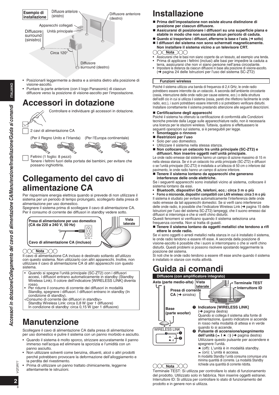 Guida ai comandi, Installazione, Collegamento del cavo di alimentazione ca | Accessori in dotazione manutenzione | Panasonic SCZT2 User Manual | Page 8 / 40