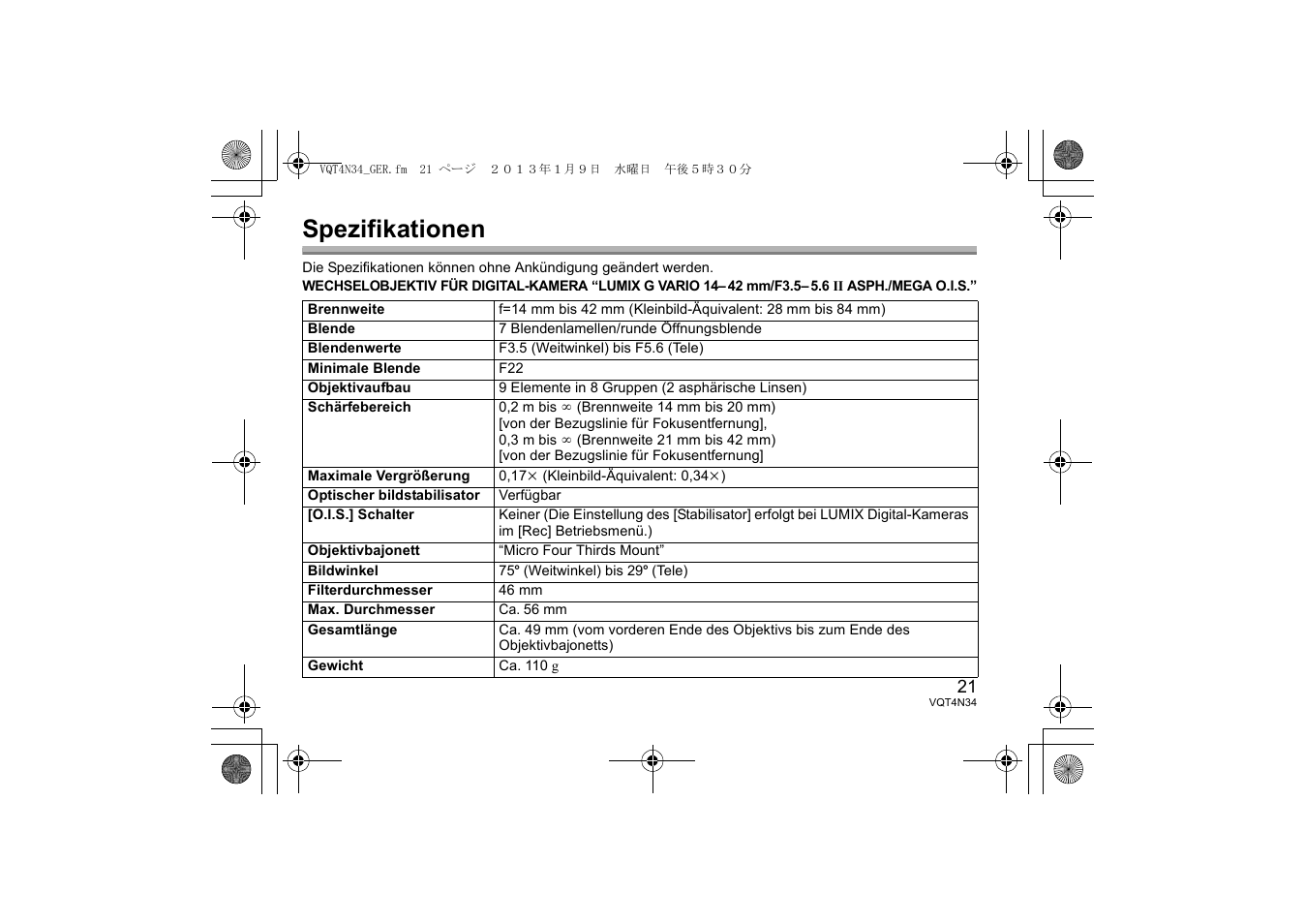 Spezifikationen | Panasonic HFS1442AE User Manual | Page 21 / 72