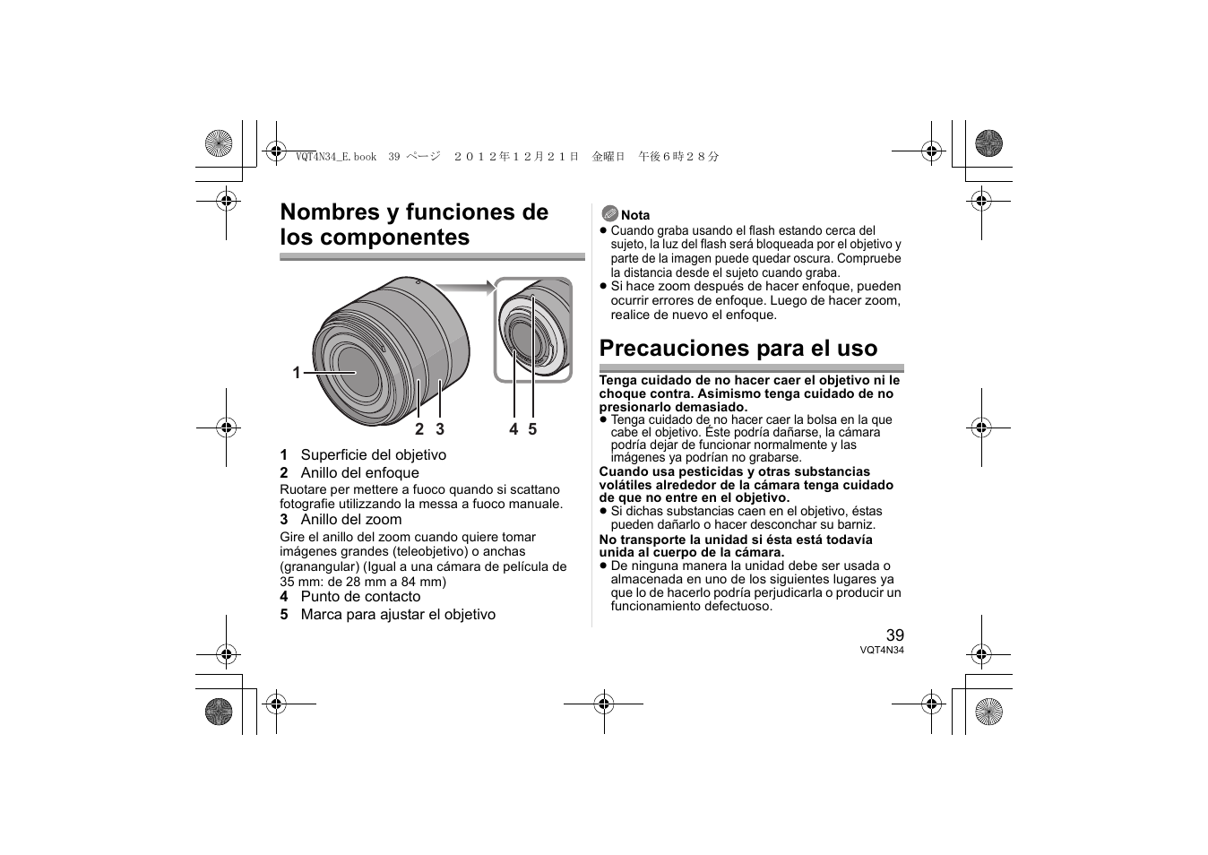 Nombres y funciones de los componentes, Precauciones para el uso | Panasonic HFS1442AE User Manual | Page 39 / 72
