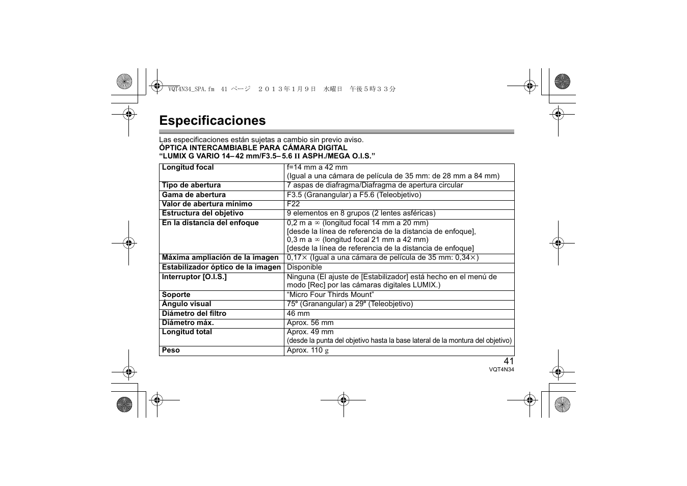 Especificaciones | Panasonic HFS1442AE User Manual | Page 41 / 72