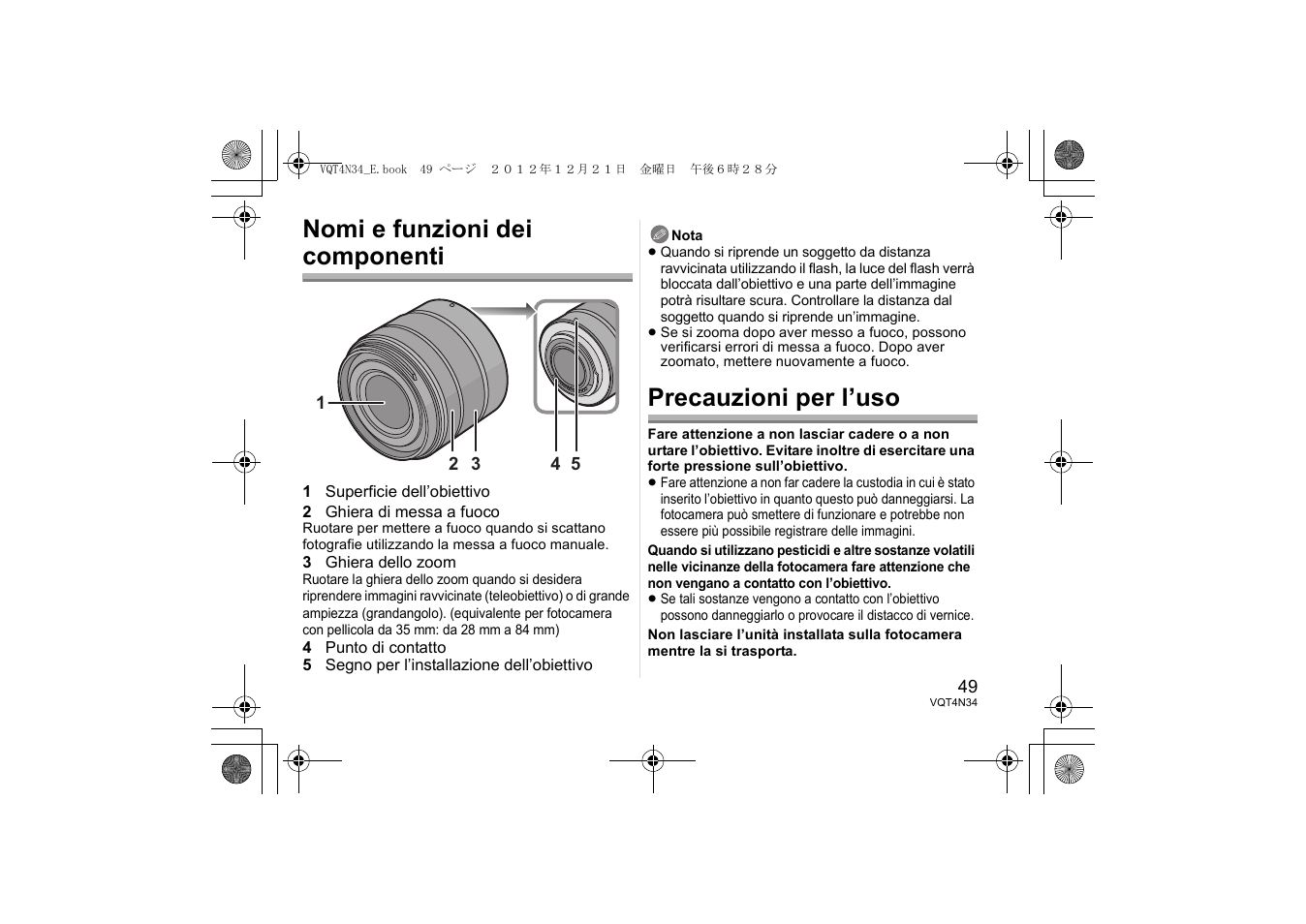 Nomi e funzioni dei componenti, Precauzioni per l’uso | Panasonic HFS1442AE User Manual | Page 49 / 72
