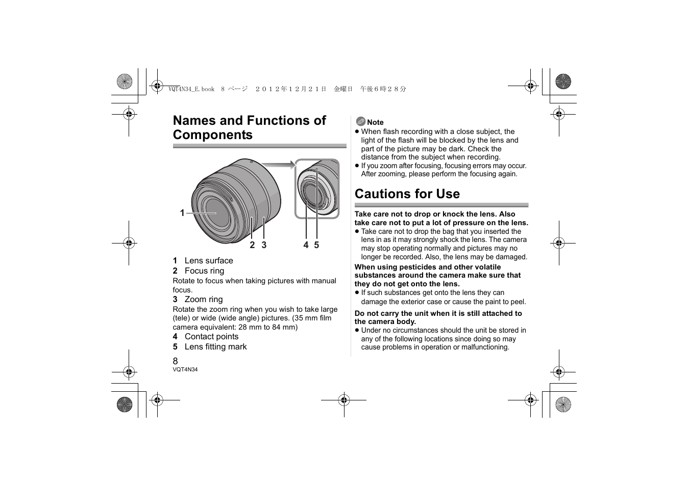 Names and functions of components, Cautions for use | Panasonic HFS1442AE User Manual | Page 8 / 72