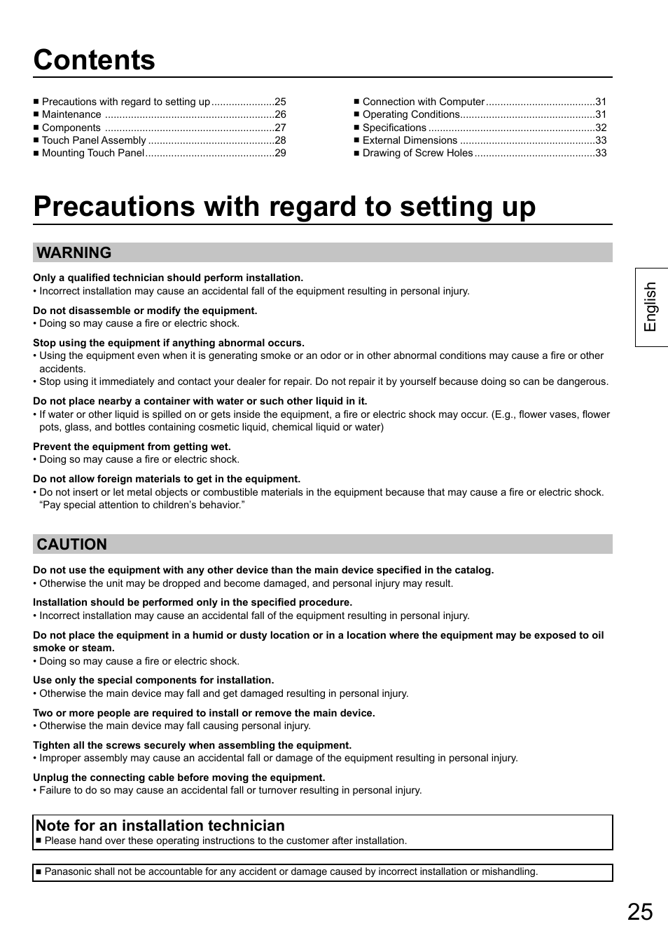 Contents precautions with regard to setting up, English, Warning caution | Panasonic TYTP65P30K User Manual | Page 25 / 108