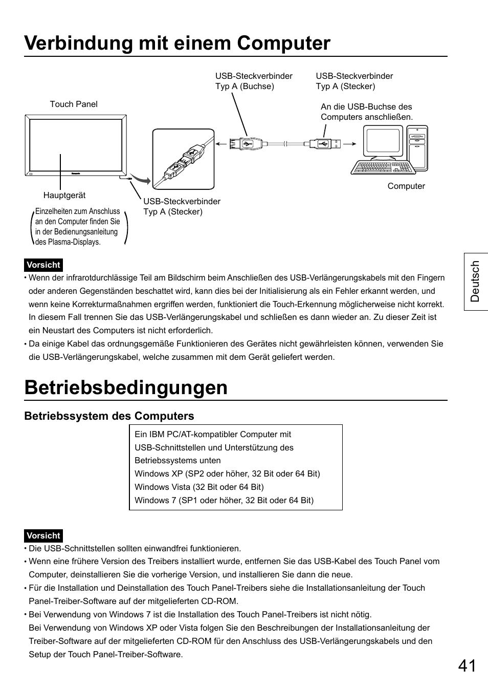 Verbindung mit einem computer, Betriebsbedingungen, Deutsch betriebssystem des computers | Panasonic TYTP65P30K User Manual | Page 41 / 108