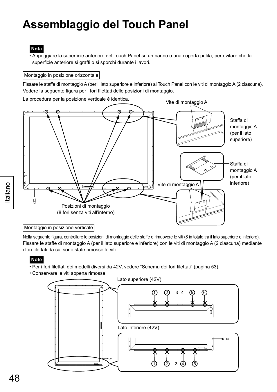 Assemblaggio del touch panel, Italiano | Panasonic TYTP65P30K User Manual | Page 48 / 108