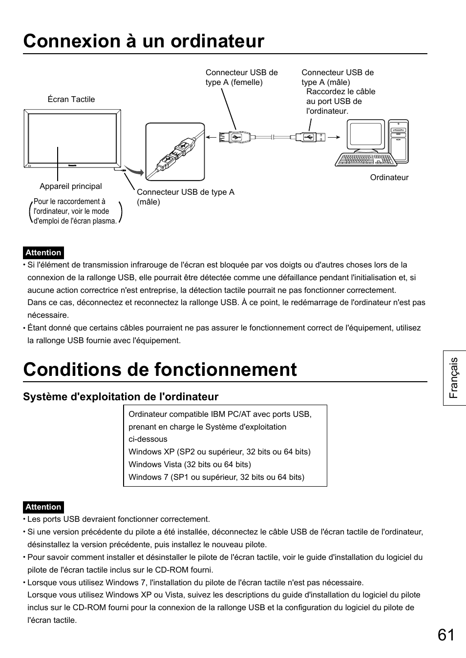 Connexion à un ordinateur, Conditions de fonctionnement, Français | Système d'exploitation de l'ordinateur | Panasonic TYTP65P30K User Manual | Page 61 / 108