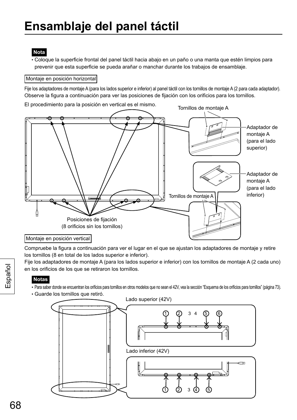 Ensamblaje del panel táctil, Español | Panasonic TYTP65P30K User Manual | Page 68 / 108