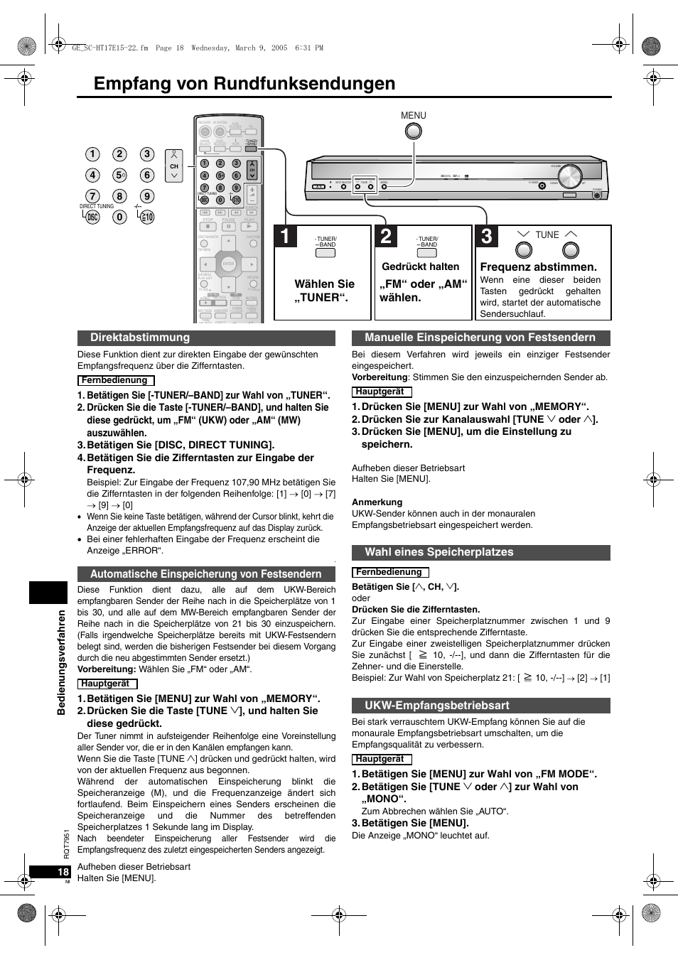 Empfang von rundfunksendungen, Fm“ oder „am“ wählen. frequenz abstimmen, Wählen sie „tuner | Be di en un gsv erfah re n 18, Betätigen sie [menu, Gedrückt halten, Disc, Tune menu | Panasonic SCHT17 User Manual | Page 18 / 80