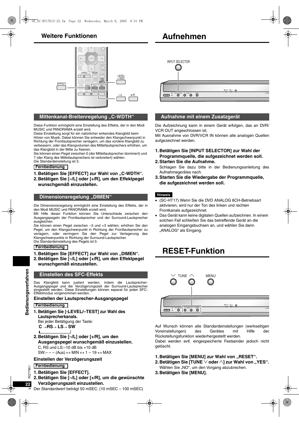Aufnehmen, Reset-funktion, Weitere funktionen | Aufnahme mit einem zusatzgerät, Be di en un gsv erfah re n 22, Einstellen der lautsprecher-ausgangspegel, Einstellen der verzögerungszeit, Betätigen sie [menu | Panasonic SCHT17 User Manual | Page 22 / 80