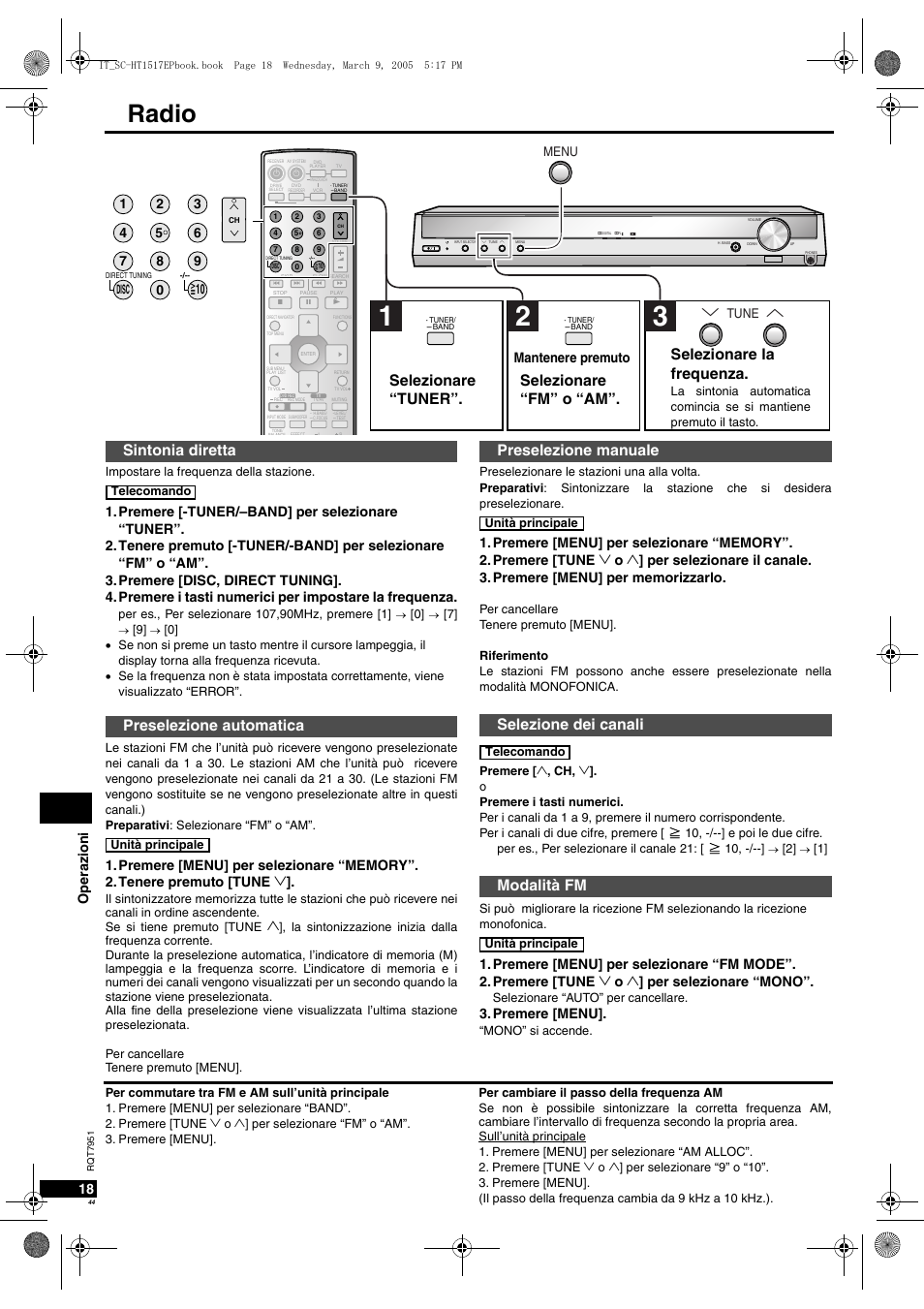 Radio, Sintonia diretta preselezione automatica, Selezionare “fm” o “am”. selezionare la frequenza | Selezionare “tuner, Oper azioni 18, Premere [menu, Mantenere premuto, Disc, Tune menu | Panasonic SCHT17 User Manual | Page 44 / 80