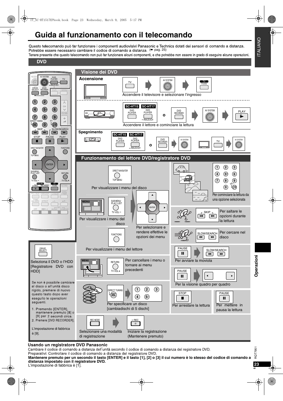 Guida al funzionamento con il telecomando, Visione dei dvd, Funzionamento del lettore dvd/registratore dvd | Oper azioni 23, It aliano, Accensione, Disc | Panasonic SCHT17 User Manual | Page 49 / 80