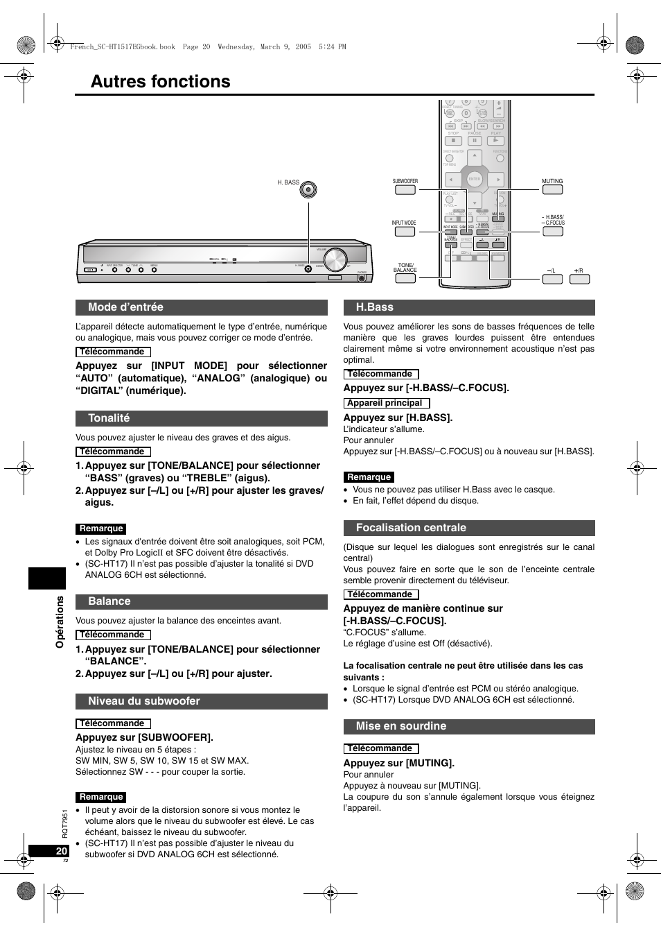 Autres fonctions, Mode d’entrée tonalité balance niveau du subwoofer, H.bass focalisation centrale mise en sourdine | Op ératio ns 20, Appuyez sur [subwoofer, Appuyez sur [-h.bass/–c.focus, Appuyez sur [h.bass, Appuyez de manière continue sur [-h.bass/–c.focus, Appuyez sur [muting | Panasonic SCHT17 User Manual | Page 72 / 80