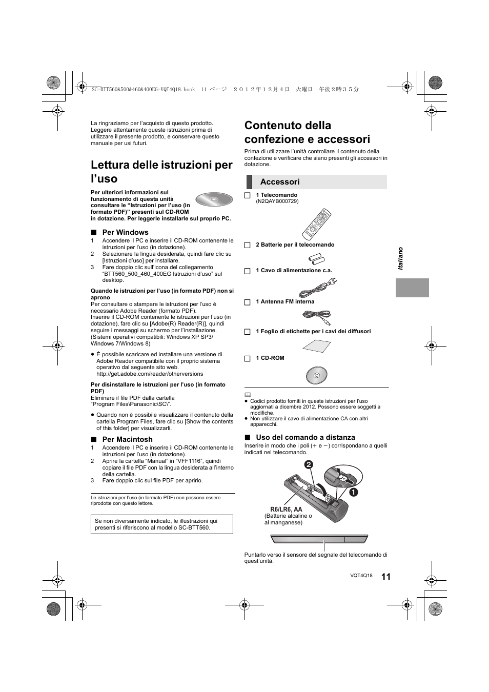 Lettura delle istruzioni per l’uso, Contenuto della confezione e accessori | Panasonic SCBTT400EG User Manual | Page 11 / 56