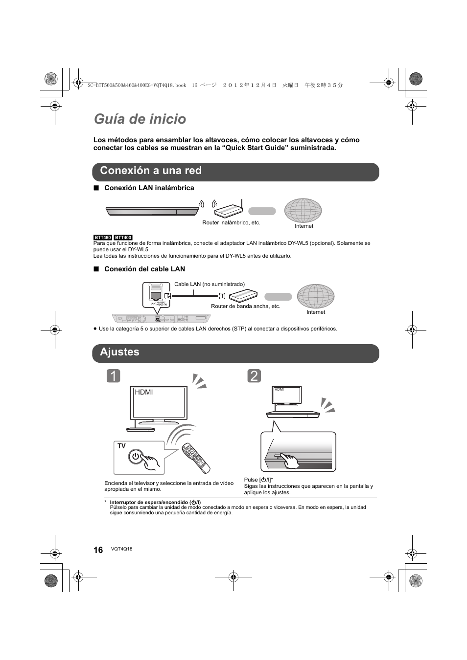 Guía de inicio, Conexión a una red, Ajustes | Panasonic SCBTT400EG User Manual | Page 16 / 56