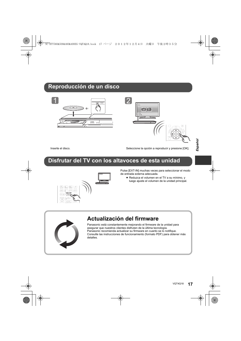 Actualización del firmware, Vol open/close, Espa ñol | Panasonic SCBTT400EG User Manual | Page 17 / 56