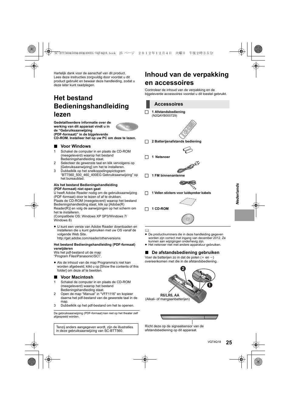 Het bestand bedieningshandleiding lezen, Inhoud van de verpakking en accessoires | Panasonic SCBTT400EG User Manual | Page 25 / 56