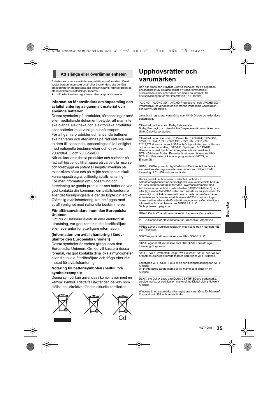 Upphovsrätter och varumärken, Att slänga eller överlämna enheten | Panasonic SCBTT400EG User Manual | Page 35 / 56