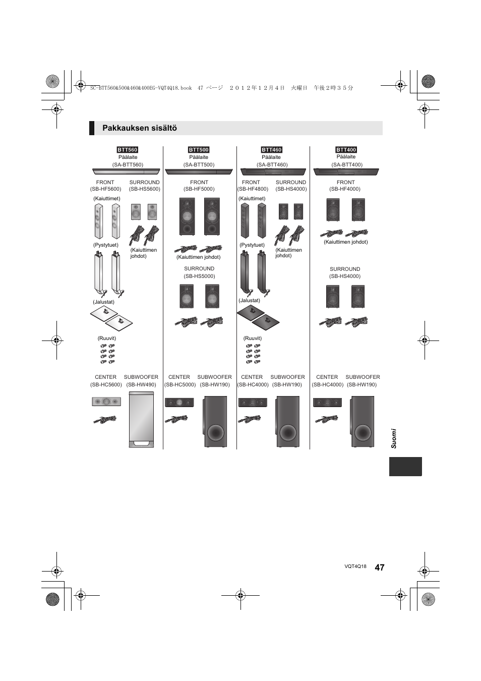 Pakkauksen sisältö | Panasonic SCBTT400EG User Manual | Page 47 / 56