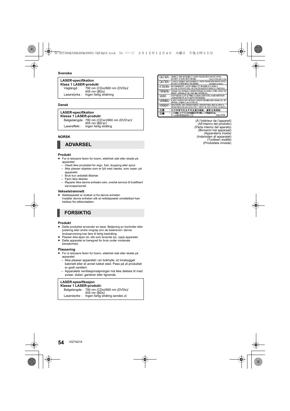 Advarsel forsiktig | Panasonic SCBTT400EG User Manual | Page 54 / 56