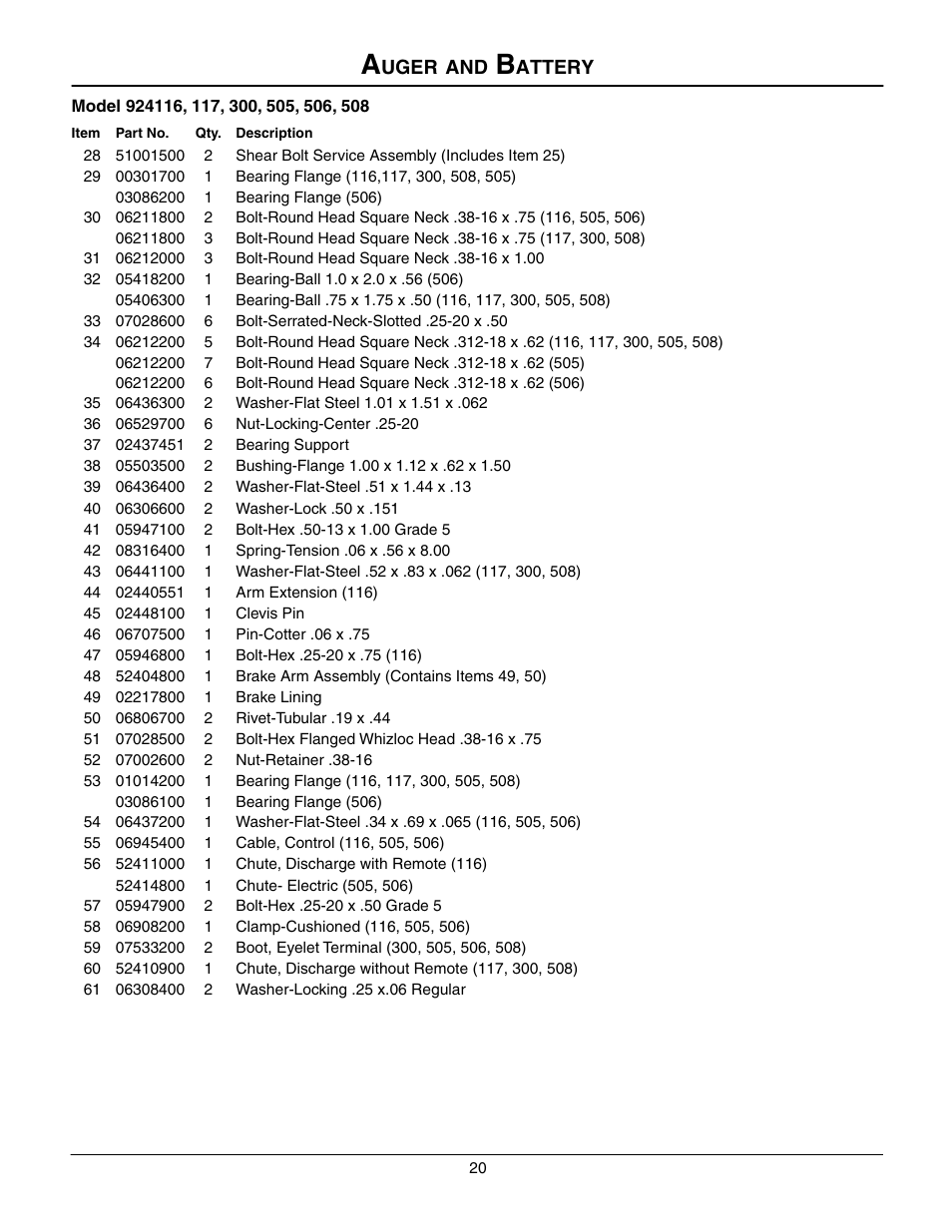 Auger and battery, Uger, Attery | Ariens 924508 - 1128 User Manual | Page 20 / 37