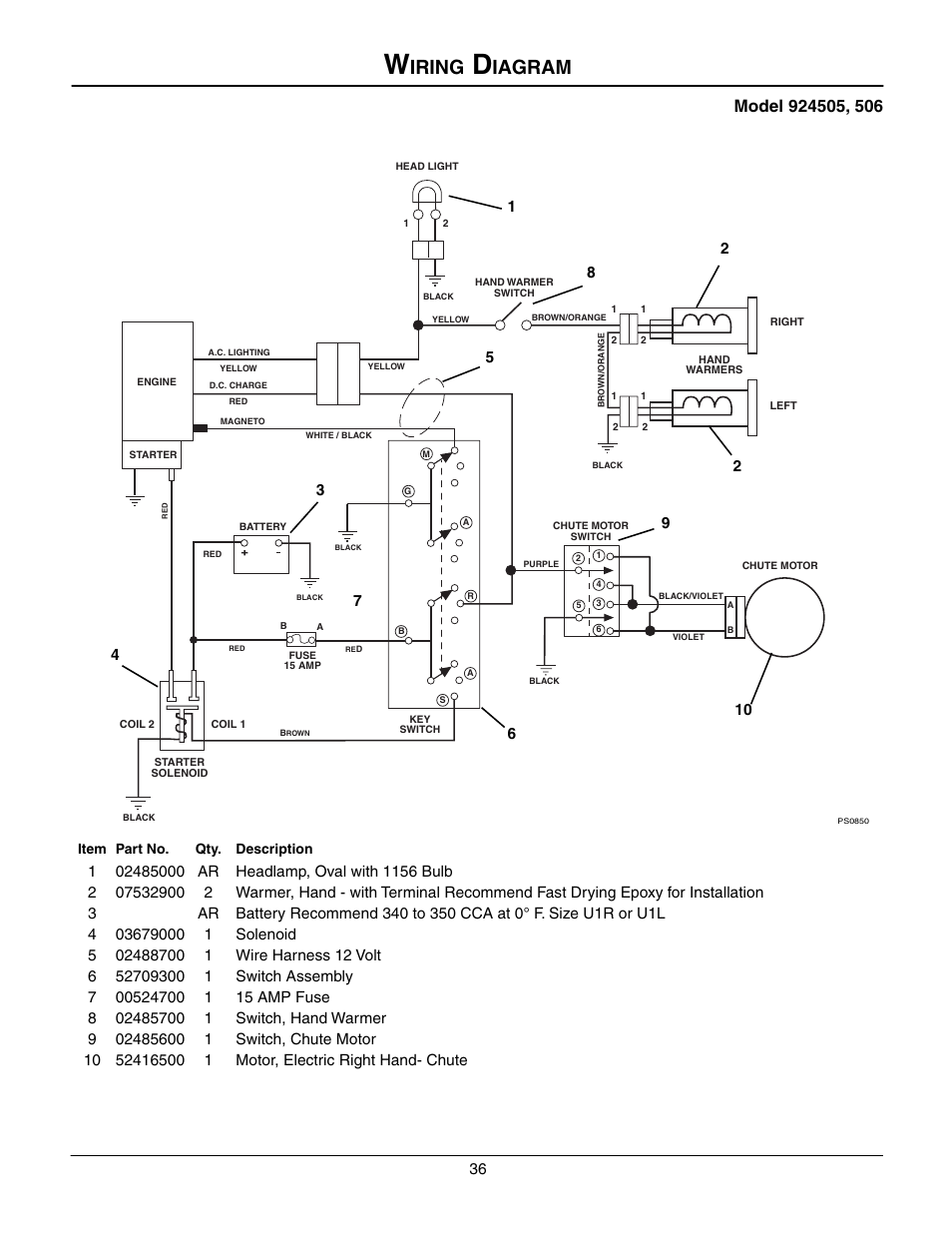 Wiring diagram, Iring, Iagram | Ariens 924508 - 1128 User Manual | Page 36 / 37