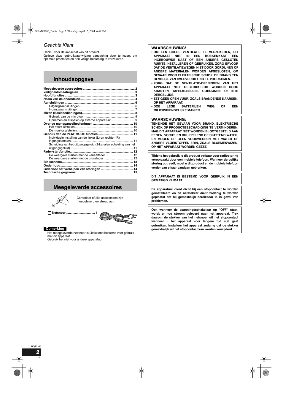Inhoudsopgave meegeleverde accessoires, Geachte klant | Panasonic SLMZ1200 User Manual | Page 44 / 100