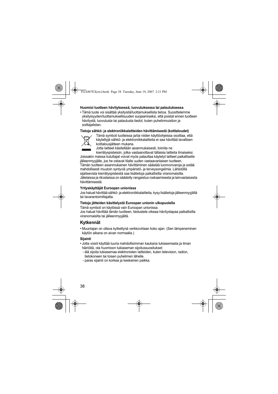 Yrityskäyttäjät euroopan unionissa, Kytkennät, Sijainti | Panasonic KXTGA807EX User Manual | Page 38 / 80