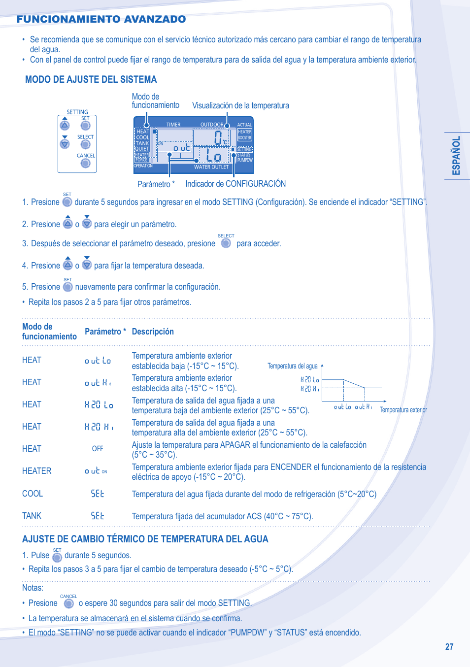 Esp añol, Modo de ajuste del sistema, Ajuste de cambio térmico de temperatura del agua | Funcionamiento avanzado | Panasonic WHSDC12C6E5 User Manual | Page 27 / 92
