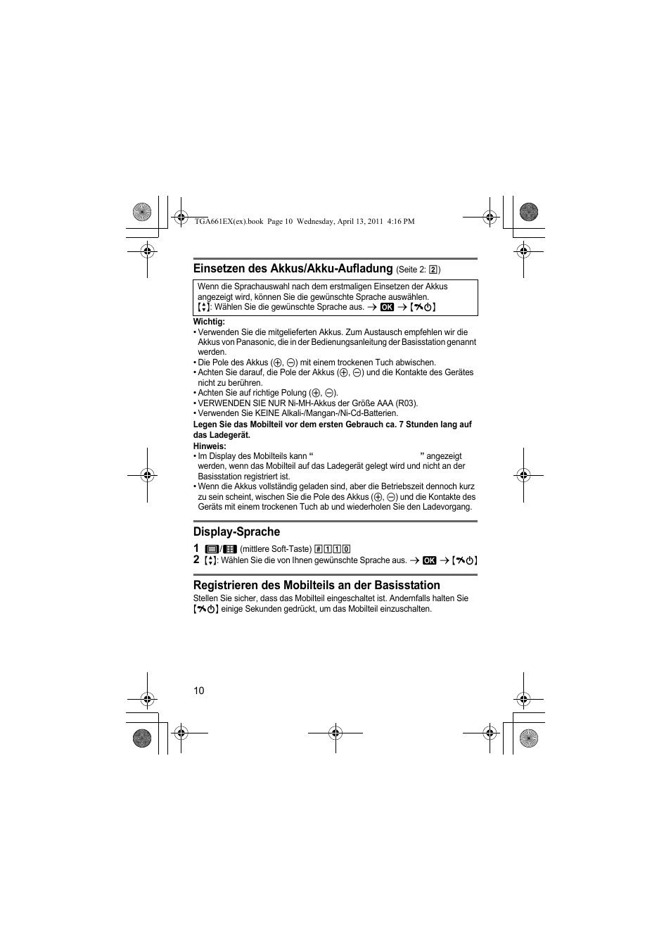 Einsetzen des akkus/akku-aufladung, Display-sprache, Registrieren des mobilteils an der basisstation | Panasonic KXTGA661EXB User Manual | Page 10 / 80