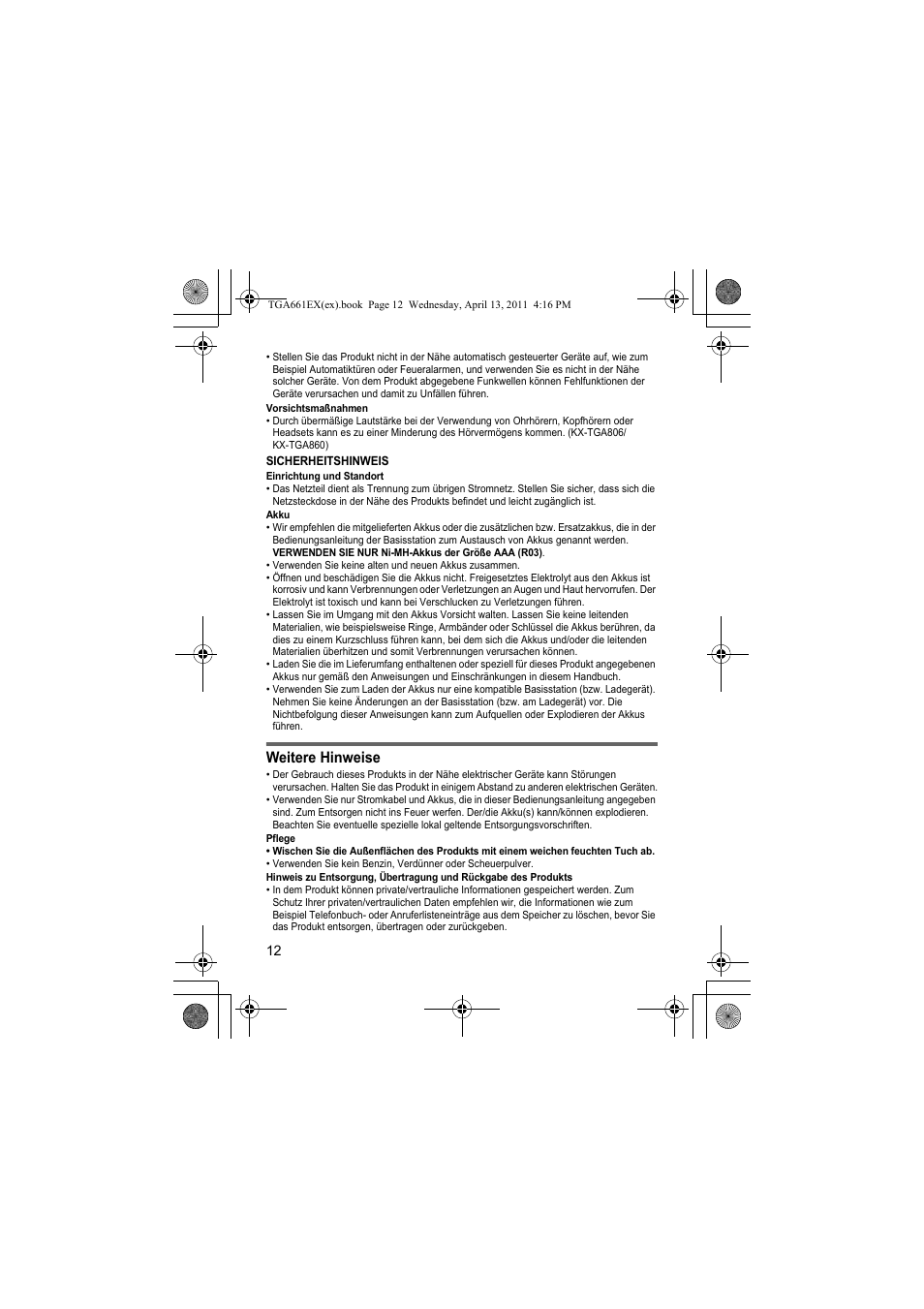 Weitere hinweise | Panasonic KXTGA661EXB User Manual | Page 12 / 80