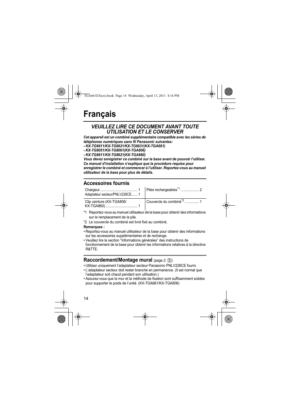 Français, Accessoires fournis, Raccordement/montage mural | Panasonic KXTGA661EXB User Manual | Page 14 / 80
