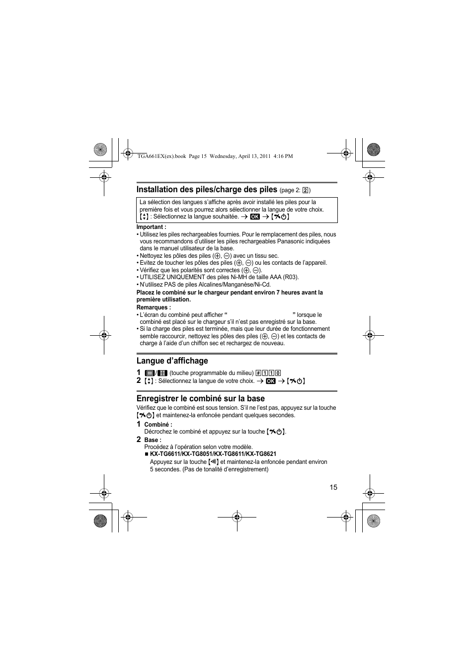 Installation des piles/charge des piles, Langue d’affichage, Enregistrer le combiné sur la base | Panasonic KXTGA661EXB User Manual | Page 15 / 80