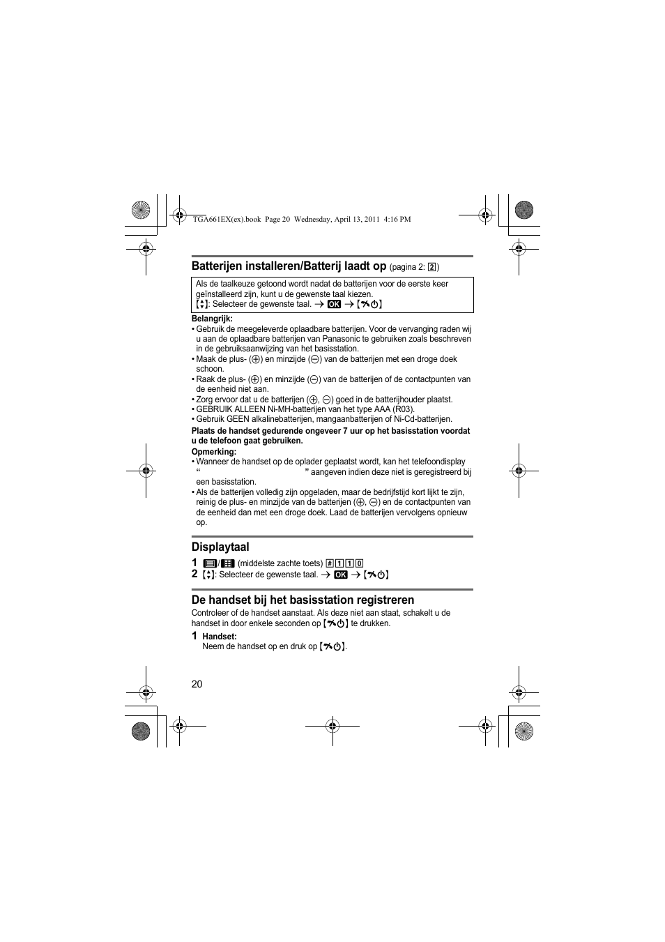 Batterijen installeren/batterij laadt op, Displaytaal, De handset bij het basisstation registreren | Panasonic KXTGA661EXB User Manual | Page 20 / 80