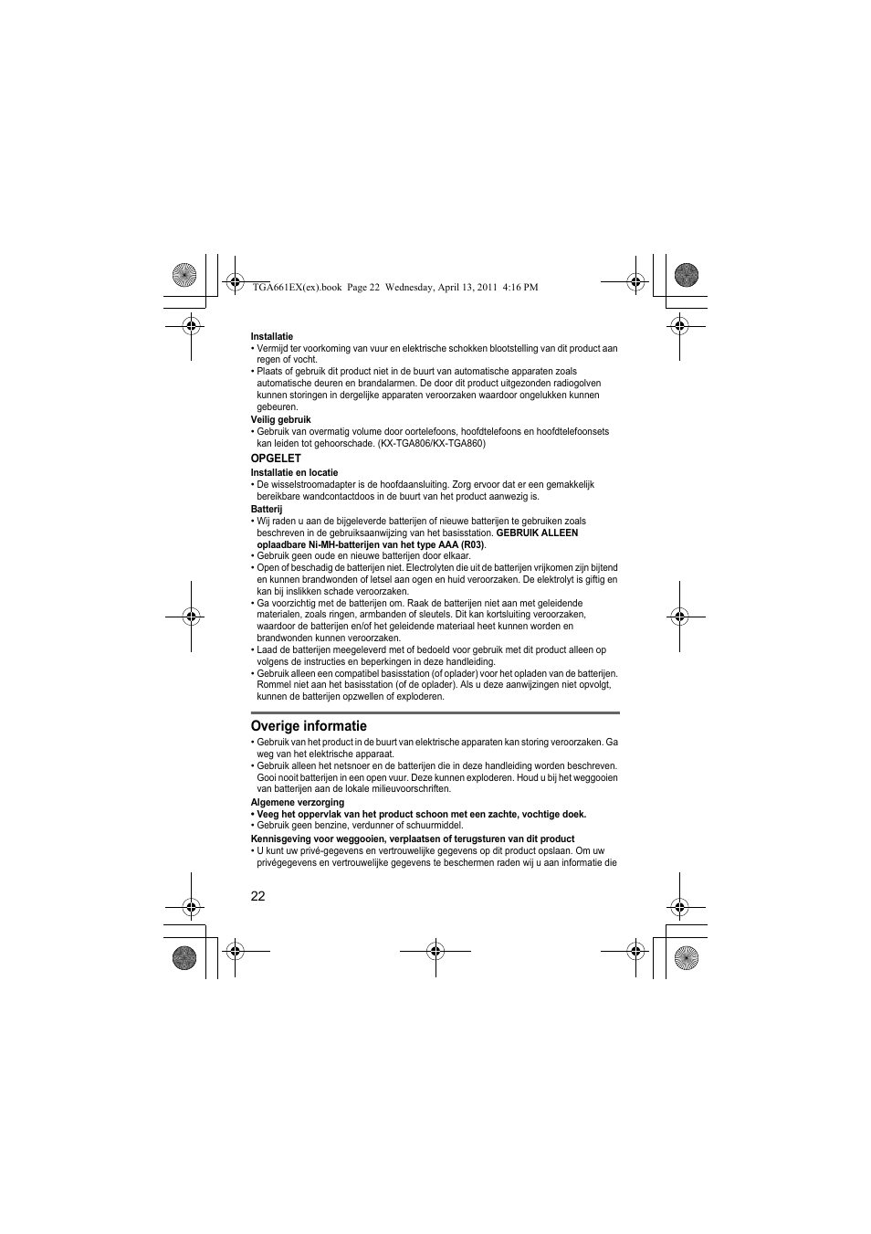 Overige informatie | Panasonic KXTGA661EXB User Manual | Page 22 / 80