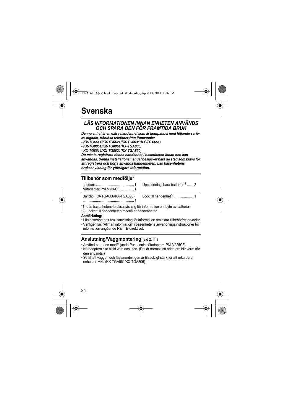 Svenska, Tillbehör som medföljer, Anslutning/väggmontering | Panasonic KXTGA661EXB User Manual | Page 24 / 80