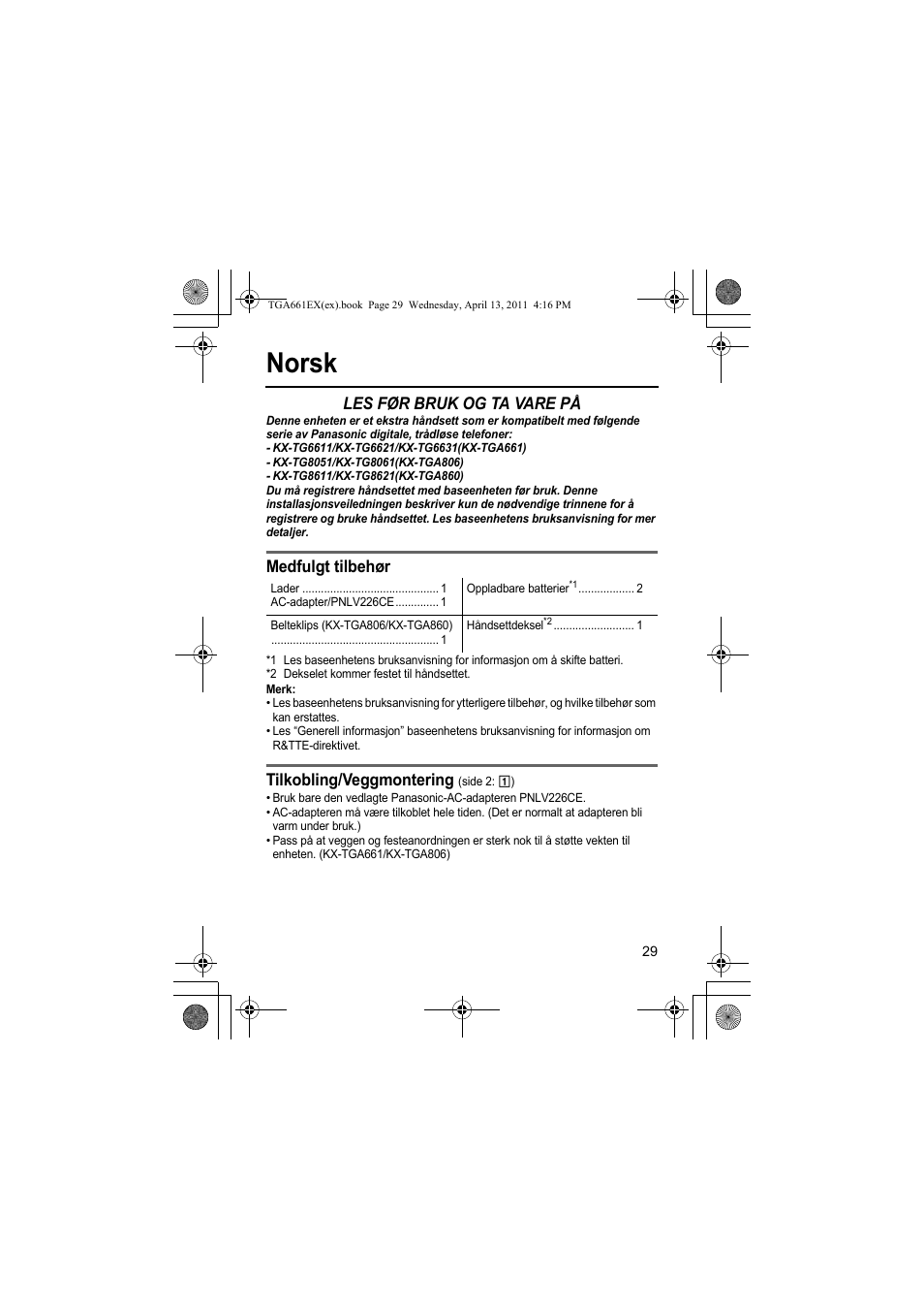 Norsk, Les før bruk og ta vare på, Medfulgt tilbehør | Tilkobling/veggmontering | Panasonic KXTGA661EXB User Manual | Page 29 / 80