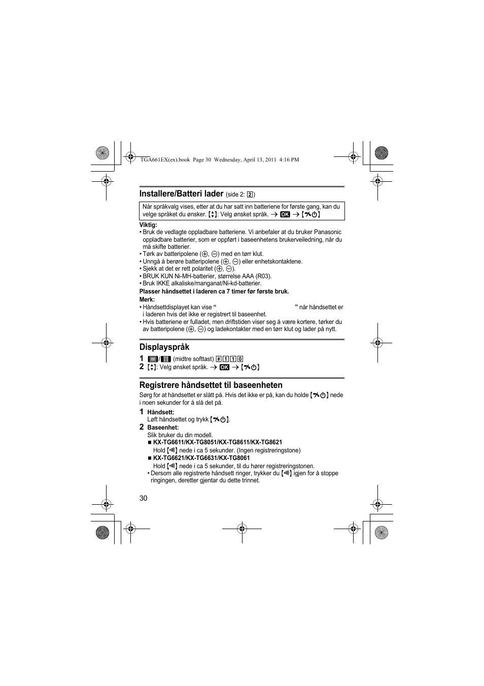 Installere/batteri lader, Displayspråk, Registrere håndsettet til baseenheten | Panasonic KXTGA661EXB User Manual | Page 30 / 80