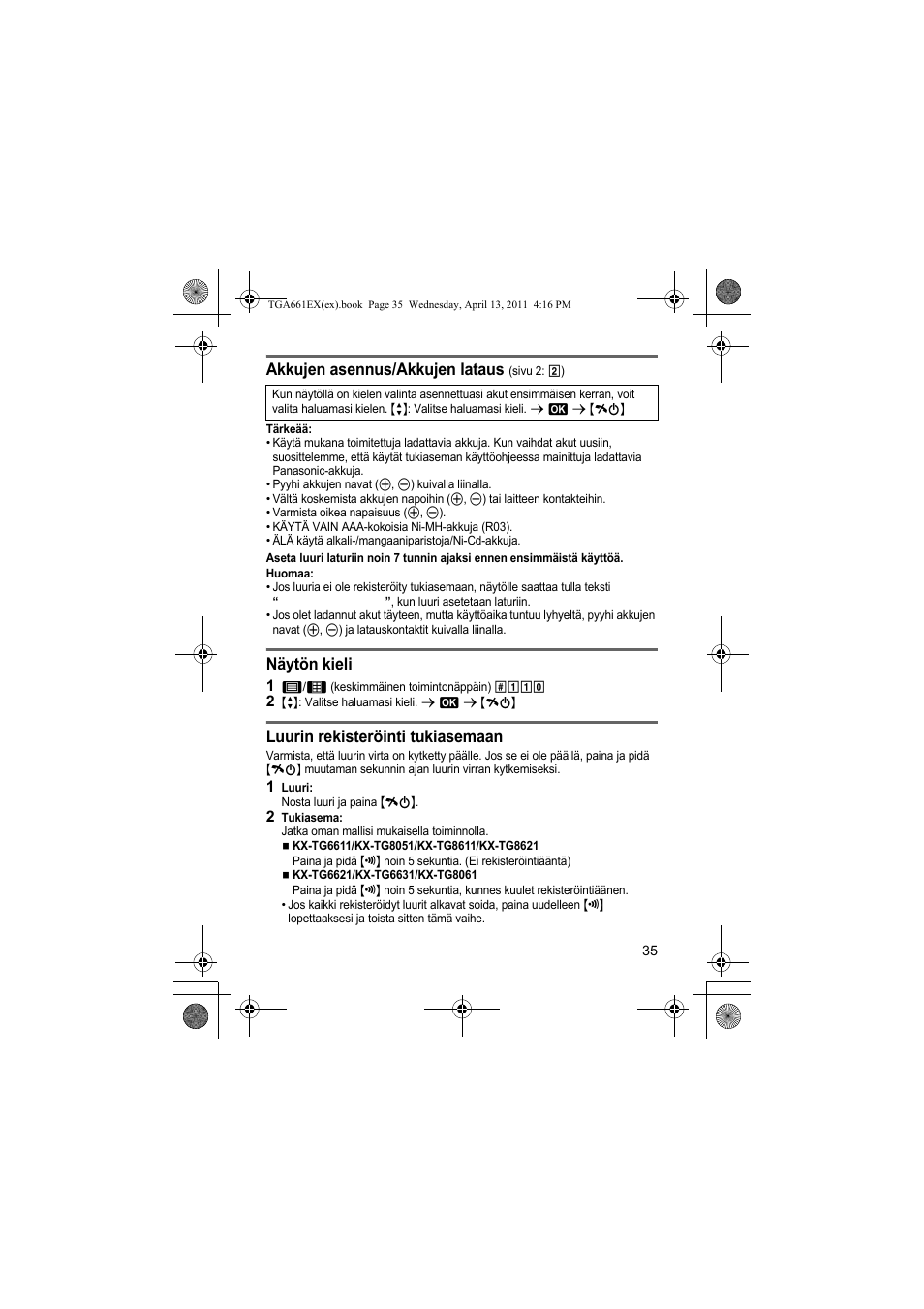 Akkujen asennus/akkujen lataus, Näytön kieli, Luurin rekisteröinti tukiasemaan | Panasonic KXTGA661EXB User Manual | Page 35 / 80