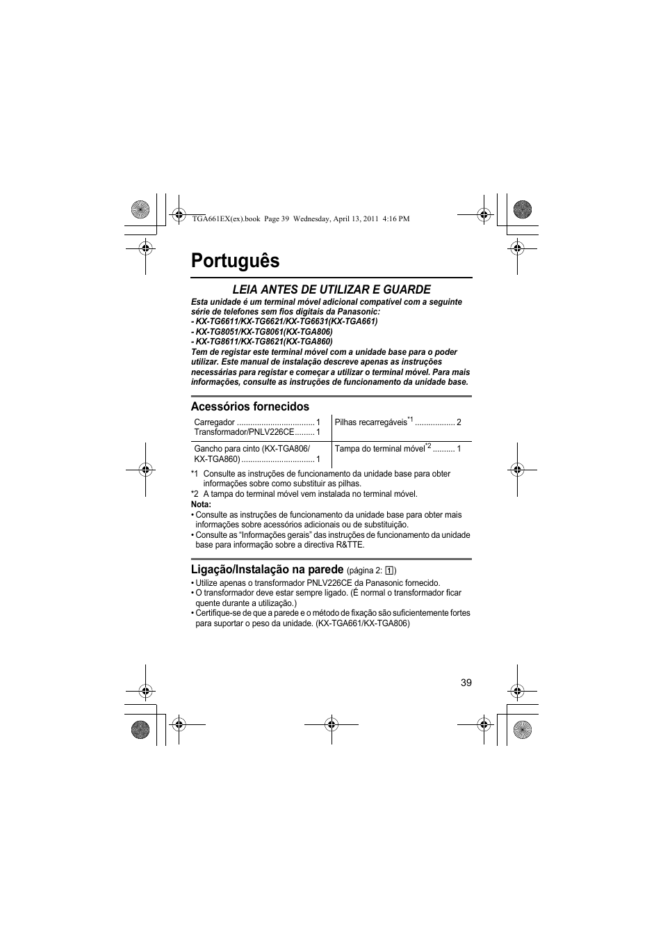 Português, Leia antes de utilizar e guarde, Acessórios fornecidos | Ligação/instalação na parede | Panasonic KXTGA661EXB User Manual | Page 39 / 80