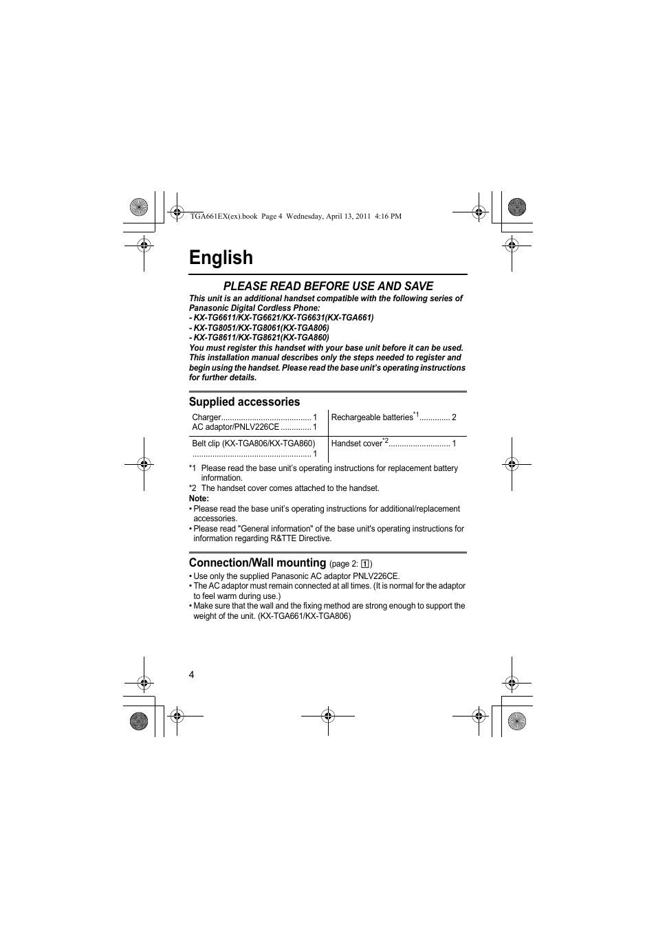 English, Please read before use and save, Supplied accessories | Connection/wall mounting | Panasonic KXTGA661EXB User Manual | Page 4 / 80