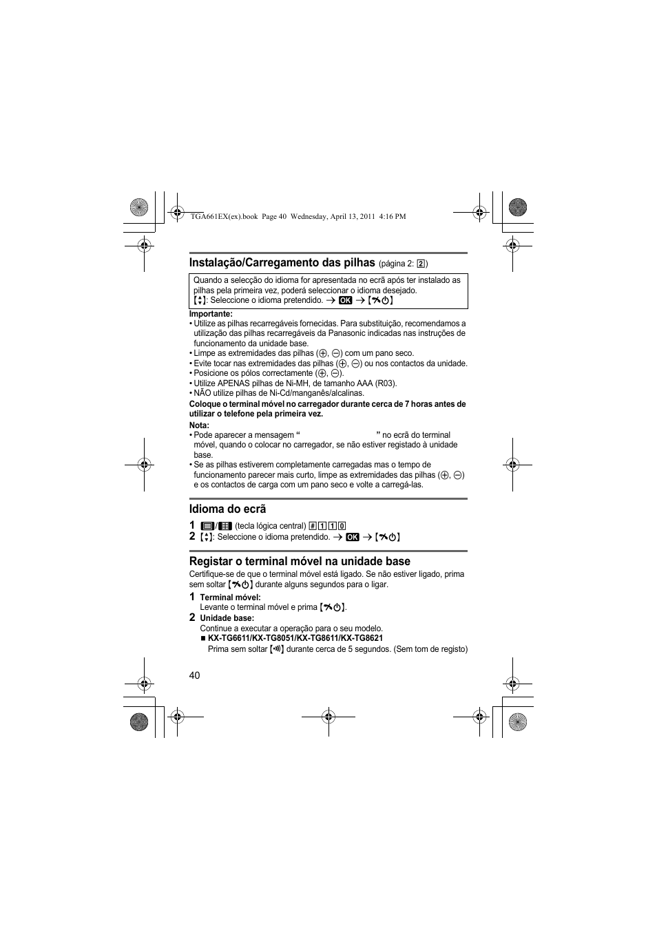 Instalação/carregamento das pilhas, Idioma do ecrã, Registar o terminal móvel na unidade base | Panasonic KXTGA661EXB User Manual | Page 40 / 80